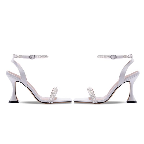Women's Open Toe Strappy Sandals Pearl Ankle Strap Stiletto Heels Satin Wedding Bride Shoes