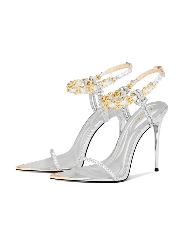 613Z9hH0iL.jpg Black Pumps for Women Gold Chain Ankle Strap Open Toe Pointed Toe Stiletto High Heels for Formal Events Weddings Parties and