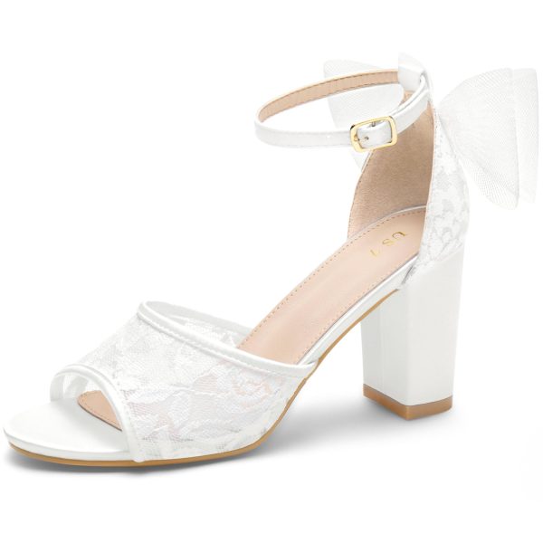 Lace Open Toe Bow Ankle Strap Block Heel Sandals for Women