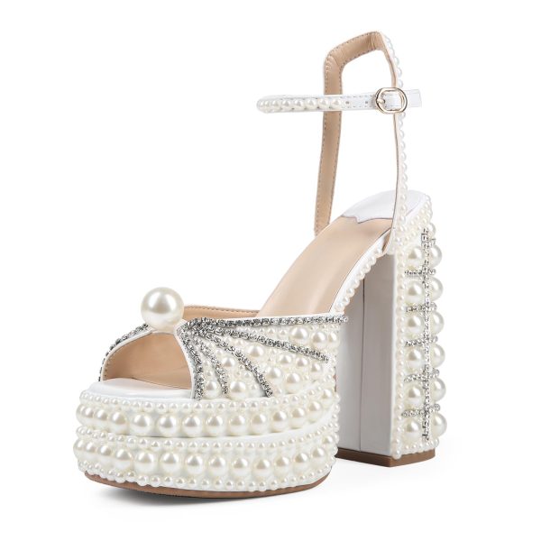 61fpGpTos3L.jpg Women's Platform High Heels Square Open Toe Pearl Heels Buckle Rhinestones Summer Elegant Sandals