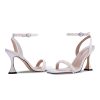 Women's Open Toe Strappy Sandals Pearl Ankle Strap Stiletto Heels Satin Wedding Bride Shoes