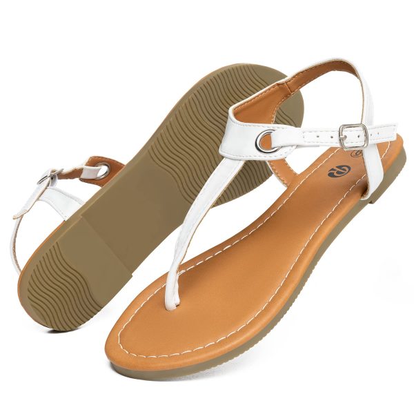 Flat Thong Sandals with T-Strap and Adjustable Ankle Buckle for Women