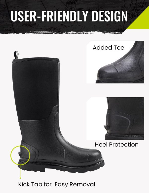 Rubber Work Boot for Men with Steel Shank, Waterproof Anti Slip Hunting Boot, Warm 6mm Neoprene Hunting Mud Boot, Sturdy Black