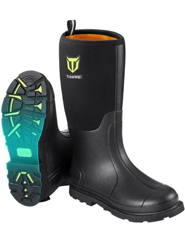 Rubber Work Boot for Men with Steel Shank, Waterproof Anti Slip Hunting Boot, Warm 6mm Neoprene Hunting Mud Boot, Sturdy Black
