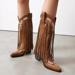 Embroidered Fringe Cowboy Boots for Women, Pull On Mid Calf Chunky Block Heel Pointed Toe Western Cowgirl Boots Riding Country