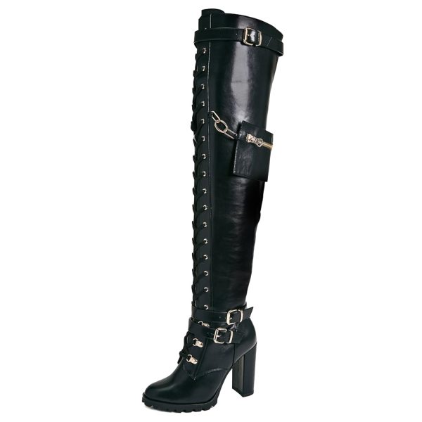 511g-6qusXL.jpg Buckle Strap Wide Calf Thigh High Boots for Women Chunky Block High Heel Over The Knee Boots Lace up Riding Combat Boots Ladies