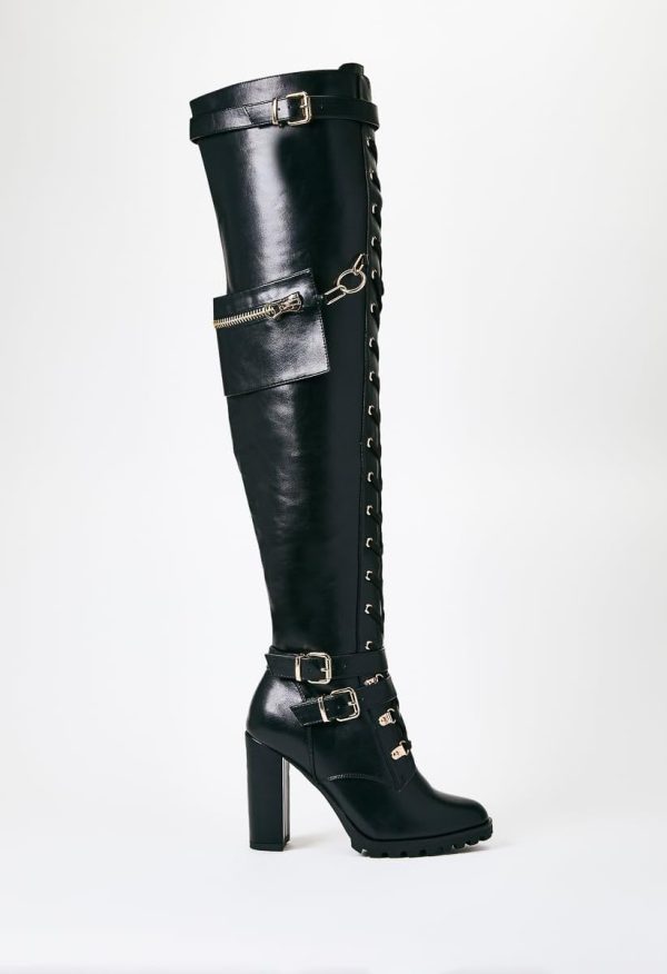 51WqAqkUouL.jpg Buckle Strap Wide Calf Thigh High Boots for Women Chunky Block High Heel Over The Knee Boots Lace up Riding Combat Boots Ladies