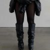 Slouched Ruched Fold Over Boots for Women Covered Wedge Heel Patent Leather Knee High Boots Wide Calf Pointed Toe Casual Boots