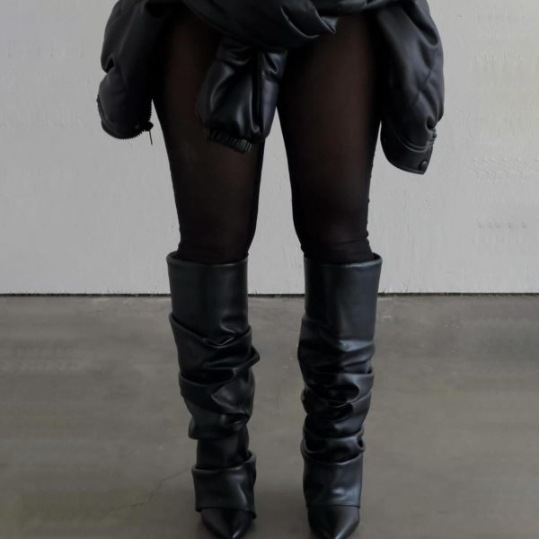 Slouched Ruched Fold Over Boots for Women Covered Wedge Heel Patent Leather Knee High Boots Wide Calf Pointed Toe Casual Boots