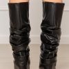 Slouched Ruched Fold Over Boots for Women Covered Wedge Heel Patent Leather Knee High Boots Wide Calf Pointed Toe Casual Boots