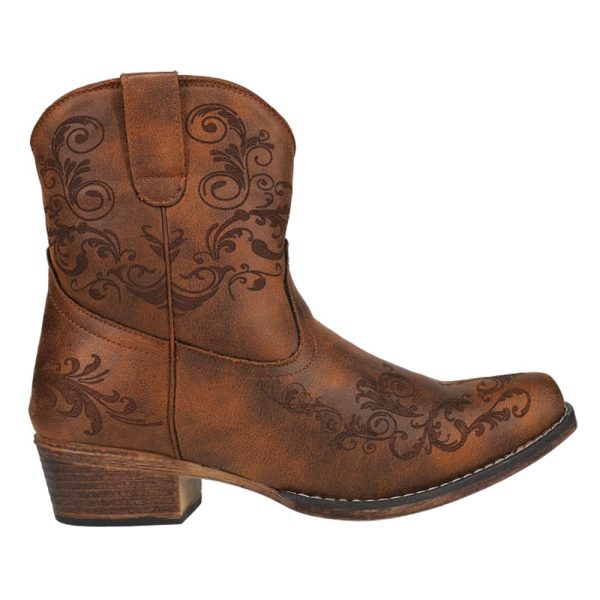 61NcyIjxJzL.jpg Womens Short Stuff Embossed Snip Toe Casual Boots Ankle Low Heel 1-2" - Brown