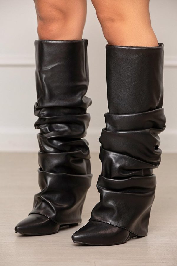 Slouched Ruched Fold Over Boots for Women Covered Wedge Heel Patent Leather Knee High Boots Wide Calf Pointed Toe Casual Boots