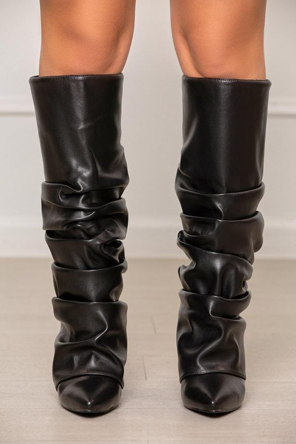 Slouched Ruched Fold Over Boots for Women Covered Wedge Heel Patent Leather Knee High Boots Wide Calf Pointed Toe Casual Boots