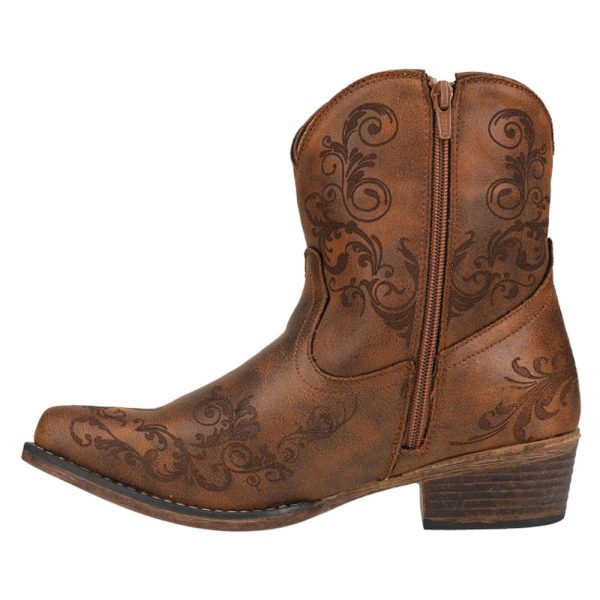 61hFRZY30VL.jpg Womens Short Stuff Embossed Snip Toe Casual Boots Ankle Low Heel 1-2" - Brown
