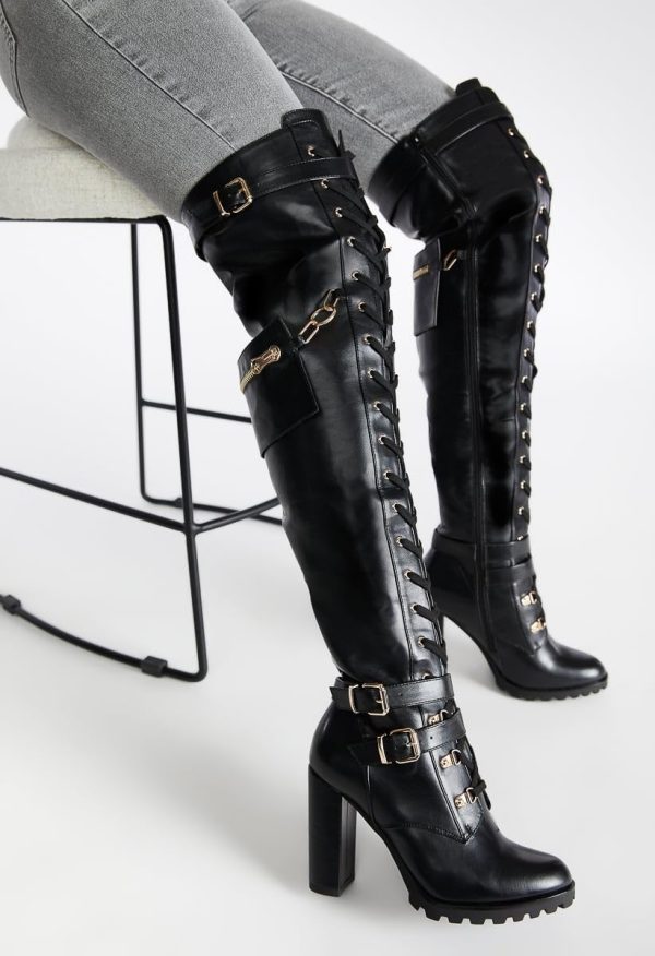 61jfxBmlUiL.jpg Buckle Strap Wide Calf Thigh High Boots for Women Chunky Block High Heel Over The Knee Boots Lace up Riding Combat Boots Ladies
