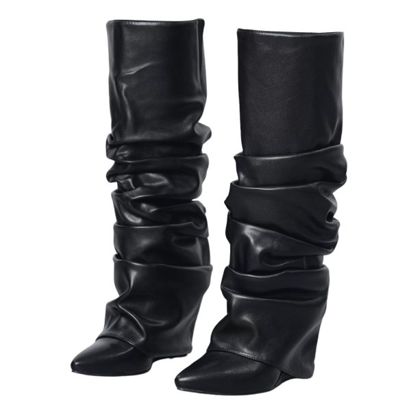 Slouched Ruched Fold Over Boots for Women Covered Wedge Heel Patent Leather Knee High Boots Wide Calf Pointed Toe Casual Boots