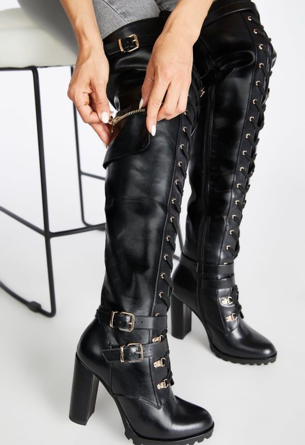 61t-R7b-N8L.jpg Buckle Strap Wide Calf Thigh High Boots for Women Chunky Block High Heel Over The Knee Boots Lace up Riding Combat Boots Ladies