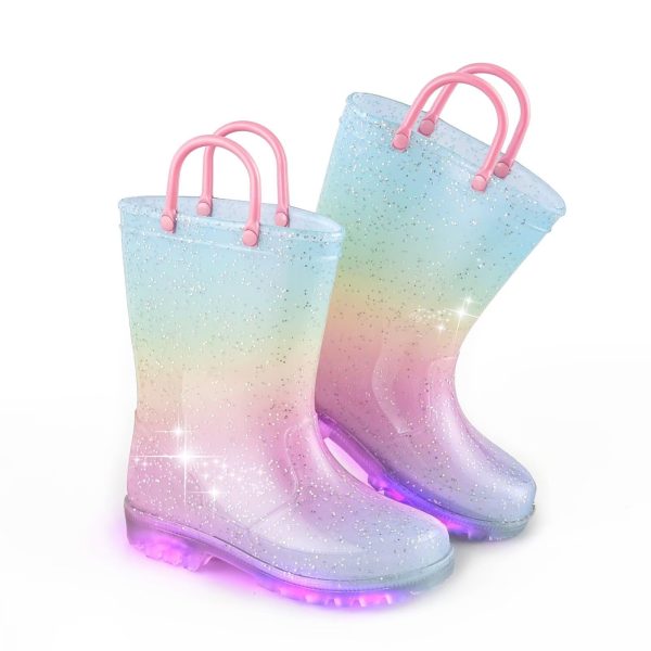 Girls Glitter Light Up Waterproof Rain Boots Toddler Kids Rainbow Boots with Easy On Handles