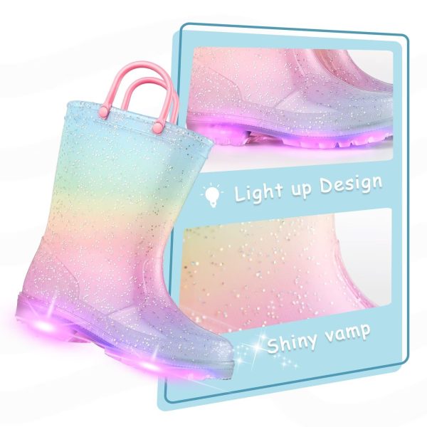 Girls Glitter Light Up Waterproof Rain Boots Toddler Kids Rainbow Boots with Easy On Handles