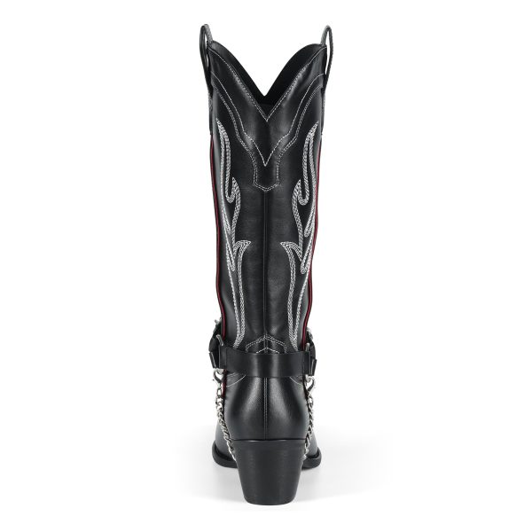 Cowboy Boots for Women with Chain, Pointy Toe Chunky Heel Women's Riding Boots with Embroidered, Pull on Style Western Boots,