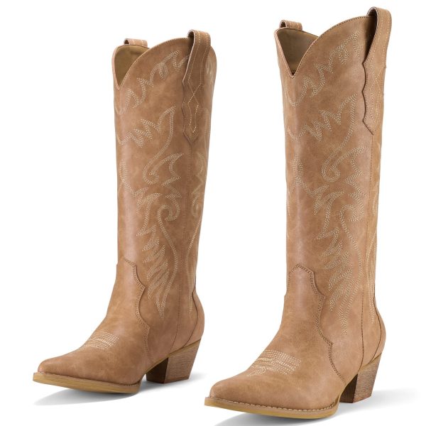71Asc5D6KgL.jpg Cowboy Boots for Women Cowgirl Boots Embroidered Knee-High Western Boots Pointy Toe with Chunky Heel