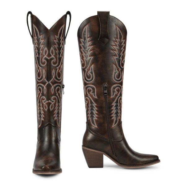 Womens Cowboy Boots Side Zipper Ladies Cowgirl Knee High Boots,Comfortable Retro Tall Vintage Embroidery Pointed Toe Block