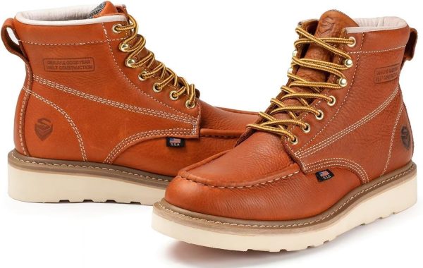 6 in Mens Soft Toe Work Boots for Men-Full Grain Leather,GoodyearWelt,Non-Slip EH Safety Industial Construction Wedge Moc Toe