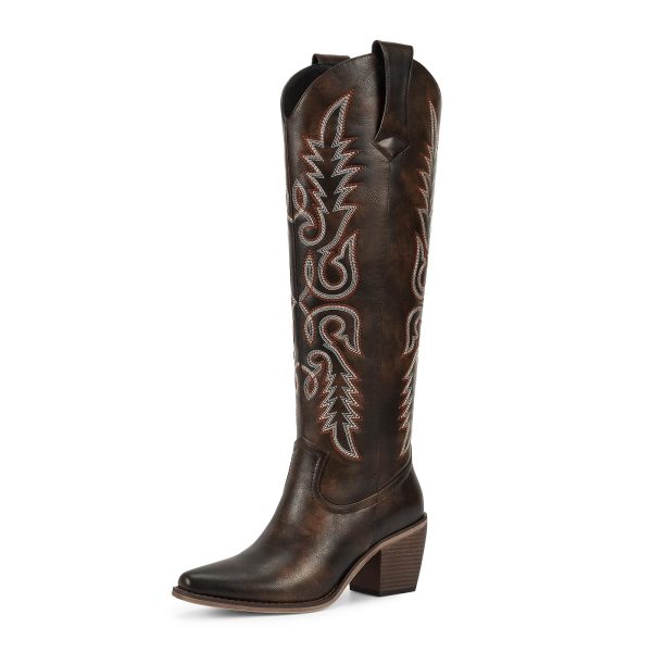 Womens Cowboy Boots Side Zipper Ladies Cowgirl Knee High Boots,Comfortable Retro Tall Vintage Embroidery Pointed Toe Block