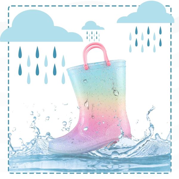 Girls Glitter Light Up Waterproof Rain Boots Toddler Kids Rainbow Boots with Easy On Handles
