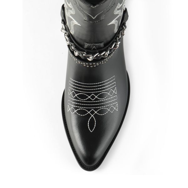 Cowboy Boots for Women with Chain, Pointy Toe Chunky Heel Women's Riding Boots with Embroidered, Pull on Style Western Boots,