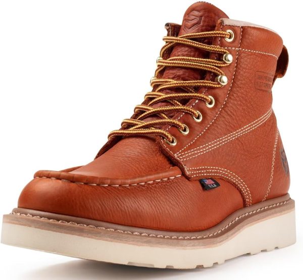 6 in Mens Soft Toe Work Boots for Men-Full Grain Leather,GoodyearWelt,Non-Slip EH Safety Industial Construction Wedge Moc Toe