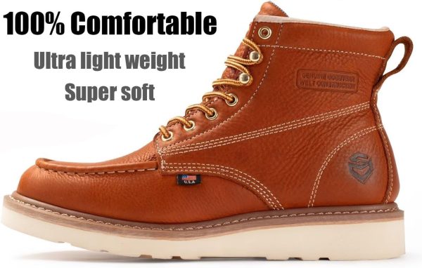 6 in Mens Soft Toe Work Boots for Men-Full Grain Leather,GoodyearWelt,Non-Slip EH Safety Industial Construction Wedge Moc Toe