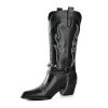 Cowboy Boots for Women with Chain, Pointy Toe Chunky Heel Women's Riding Boots with Embroidered, Pull on Style Western Boots,