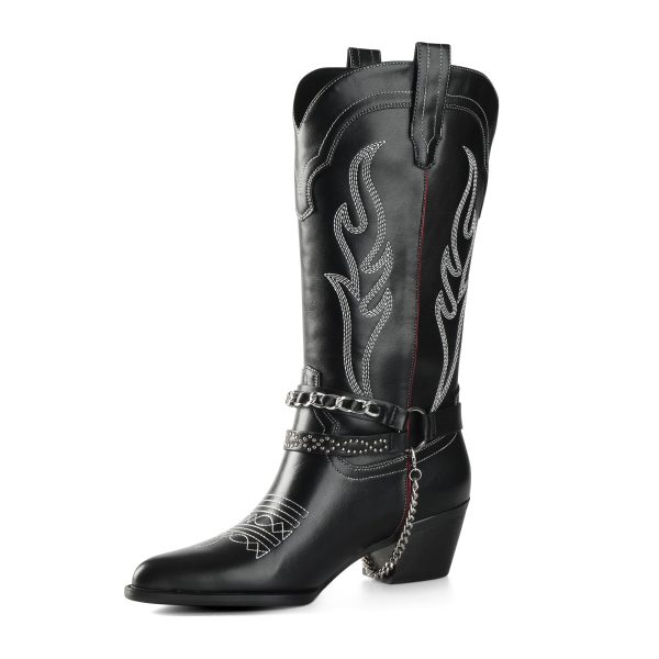 Cowboy Boots for Women with Chain, Pointy Toe Chunky Heel Women's Riding Boots with Embroidered, Pull on Style Western Boots,