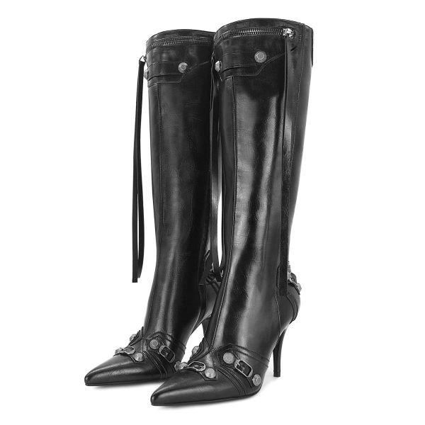 Women's Stiletto Black Knee High Boots Sexy Pointed Toe Boot Fashion Trendy High Heel Boots Zipper