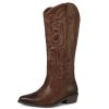 Women's Cowboy Boots Mid Calf Cowgirl Embroidered Western Pointed Toe Chunky Heel Pull On Knee High Boots