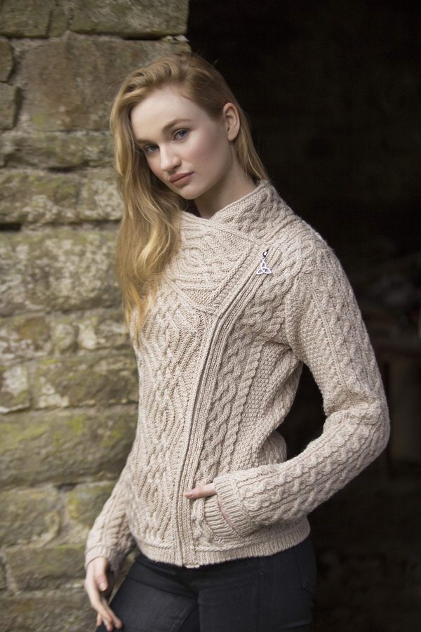 817x1bnDKdL.jpg Women's Irish Cable Knitted Wool Side Zip Cardigan (100% Merino Wool)