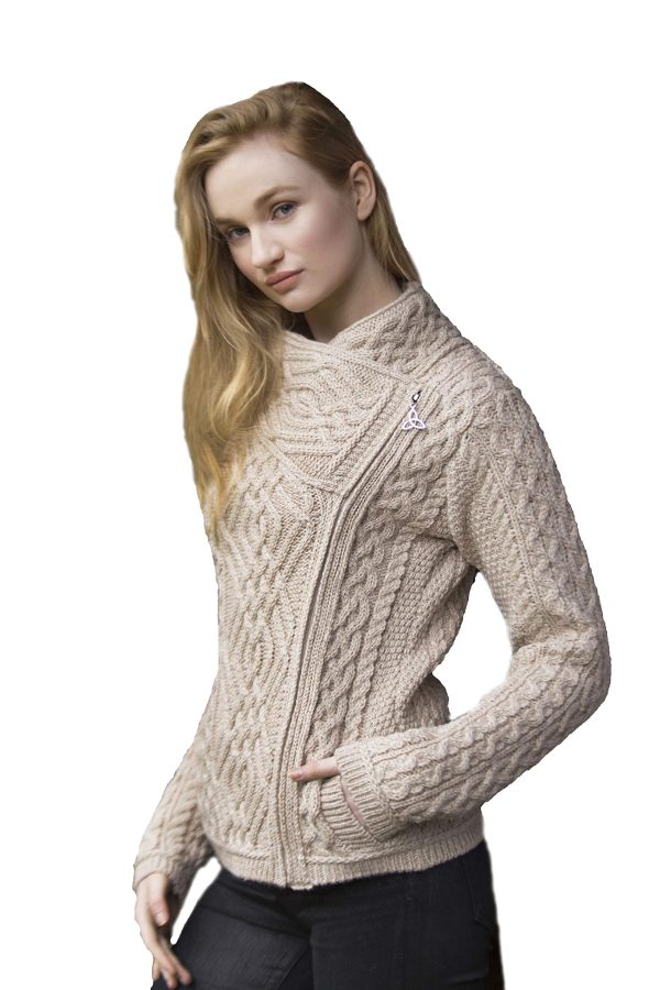 81CJUeBUZfL.jpg Women's Irish Cable Knitted Wool Side Zip Cardigan (100% Merino Wool)