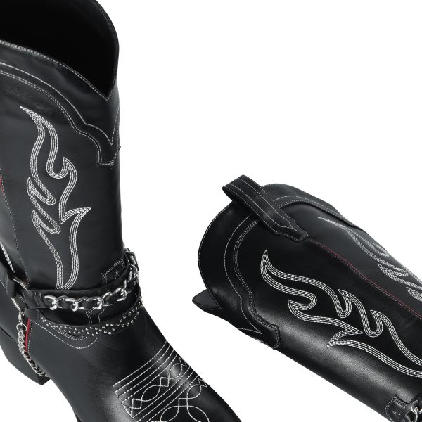 Cowboy Boots for Women with Chain, Pointy Toe Chunky Heel Women's Riding Boots with Embroidered, Pull on Style Western Boots,
