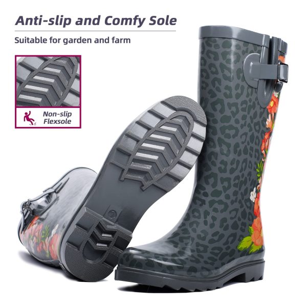 Rain Boots for Women, Waterproof Ladies Tall Knee High Rubber boots,Comfort Garden Boots Anti-Slip Mid Heel Women Rain Shoes