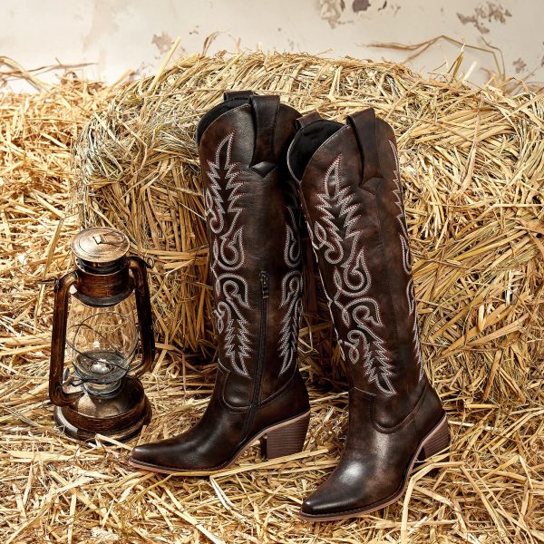 Womens Cowboy Boots Side Zipper Ladies Cowgirl Knee High Boots,Comfortable Retro Tall Vintage Embroidery Pointed Toe Block
